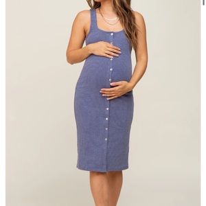 Navy Blue Ribbed Button Front Sleeveless Maternity Midi Dress